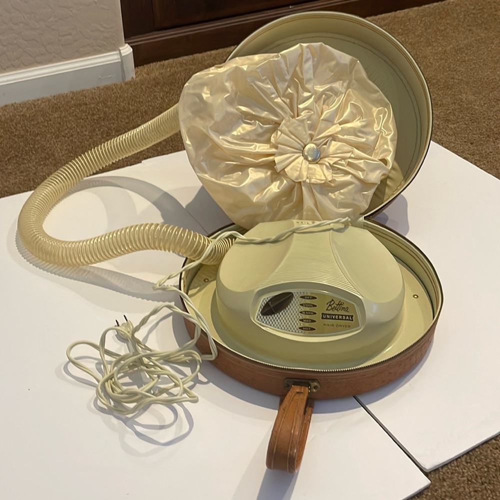 Vintage Bettina Universal bonnet style hair dryer with faux ostrich case.